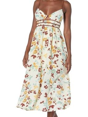 Moon River Cream Floral Spaghetti Strap Maxi Dress with Burgundy Trim